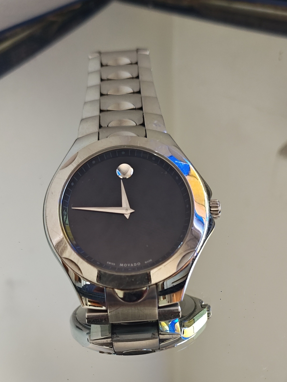 Movado Silver Stainless Steel Watch with Black Dial